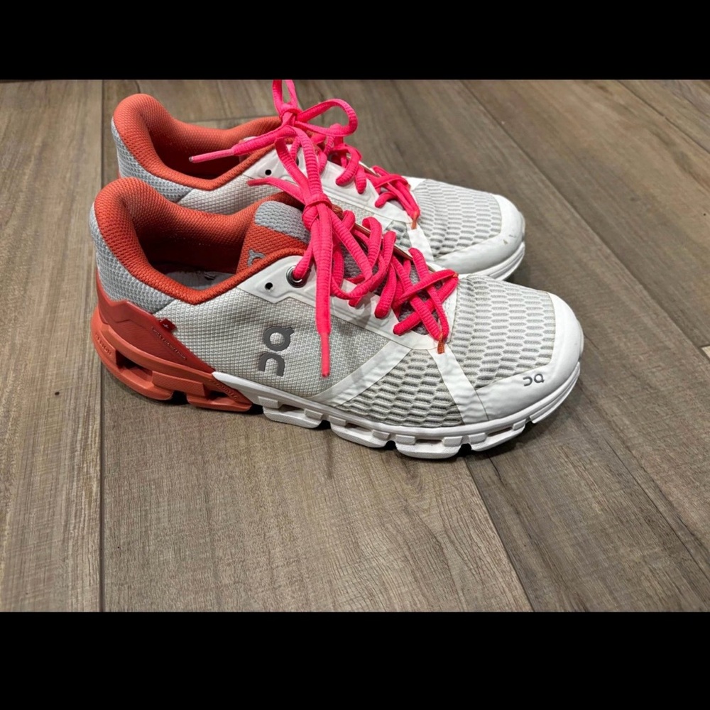 On Running Women's White Athletic Shoes with Pink and Coral Accents
